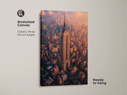 Stretched canvas gallery wrap of the Empire State Building. Aerial NYC photography print ready to hang. The canvas artwork showcases a golden hour cityscape. This modern urban decor is perfect for travel inspired wall art. A sophisticated addition to any space. Ideal for New York expats and architecture enthusiasts.