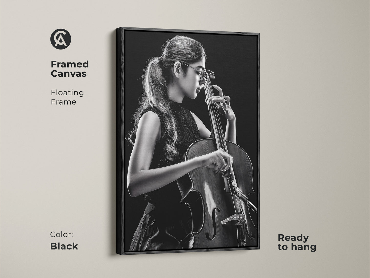 Framed canvas features a cellist. The artwork showcases a floating frame in black. Ready to hang this contemporary piece enhances any room. It is a perfect gift for music enthusiasts and lovers of classical art.