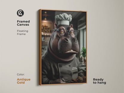 This framed canvas features a charming hippo chef holding muffins. Displayed in a floating antique gold frame this warm piece adds humor to any kitchen or office. It's a delightful artwork for bakers adding a smile and personality to walls. This makes a perfect gift for birthdays or housewarmings.
