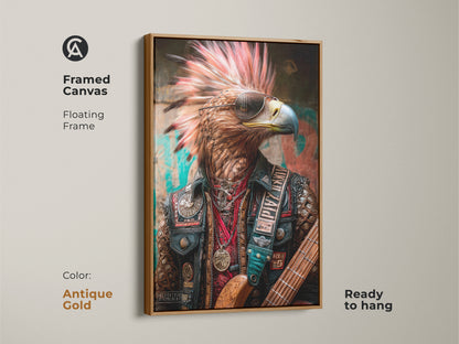 Framed canvas featuring the Eagle Rocker art piece with floating frame in antique gold. This punk rock eagle is perfect for music lover. This alternative style animal art makes a memorable gift. The eclectic wall hanging brings a rebellious energy to any space.