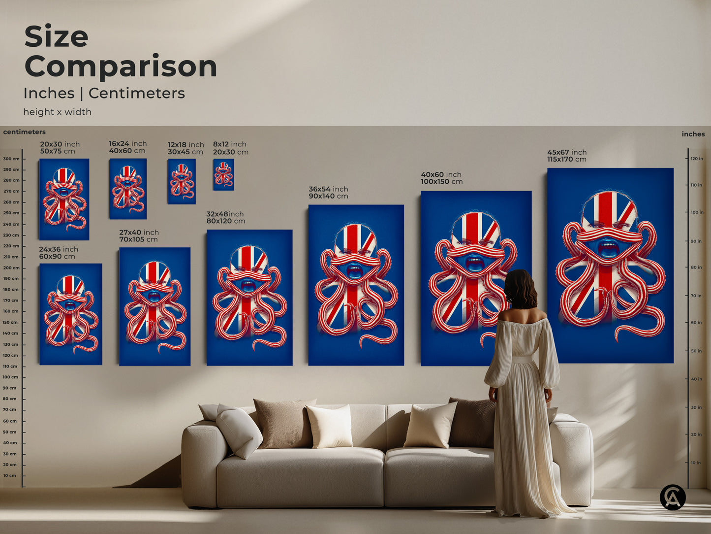 Size comparison of inches and centimeters with British Patriotism Octopus Face Wall Art. See how it looks above a couch. Sizes range from 8x12 inches to 45x67 inches. Get your surreal octopus art.