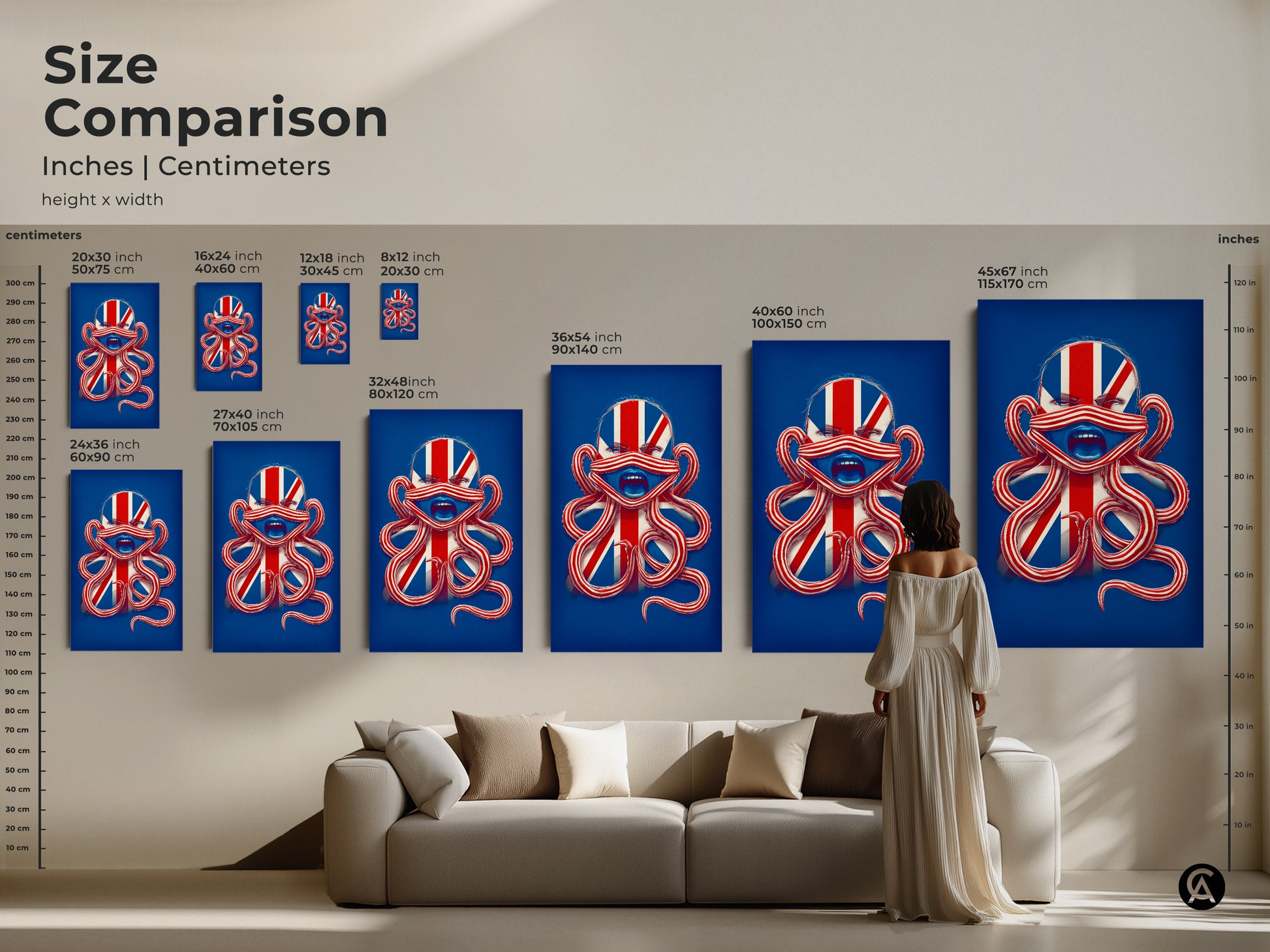 Size comparison of inches and centimeters with British Patriotism Octopus Face Wall Art. See how it looks above a couch. Sizes range from 8x12 inches to 45x67 inches. Get your surreal octopus art.