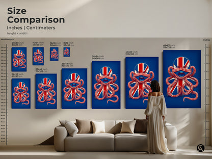 Size comparison of inches and centimeters with British Patriotism Octopus Face Wall Art. See how it looks above a couch. Sizes range from 8x12 inches to 45x67 inches. Get your surreal octopus art.