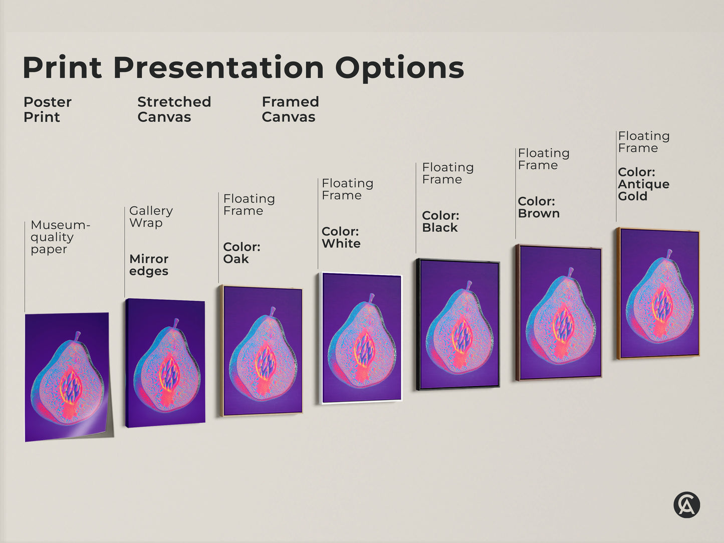 Multiple presentation options for abstract pear artwork. Choose from poster prints stretched canvases or framed options. Each piece features psychedelic fruit in magenta purple and blue. Find the perfect eclectic decor piece.
