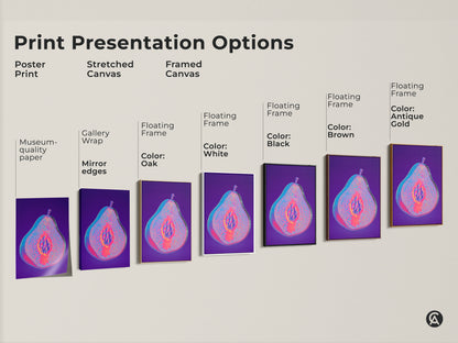 Multiple presentation options for abstract pear artwork. Choose from poster prints stretched canvases or framed options. Each piece features psychedelic fruit in magenta purple and blue. Find the perfect eclectic decor piece.