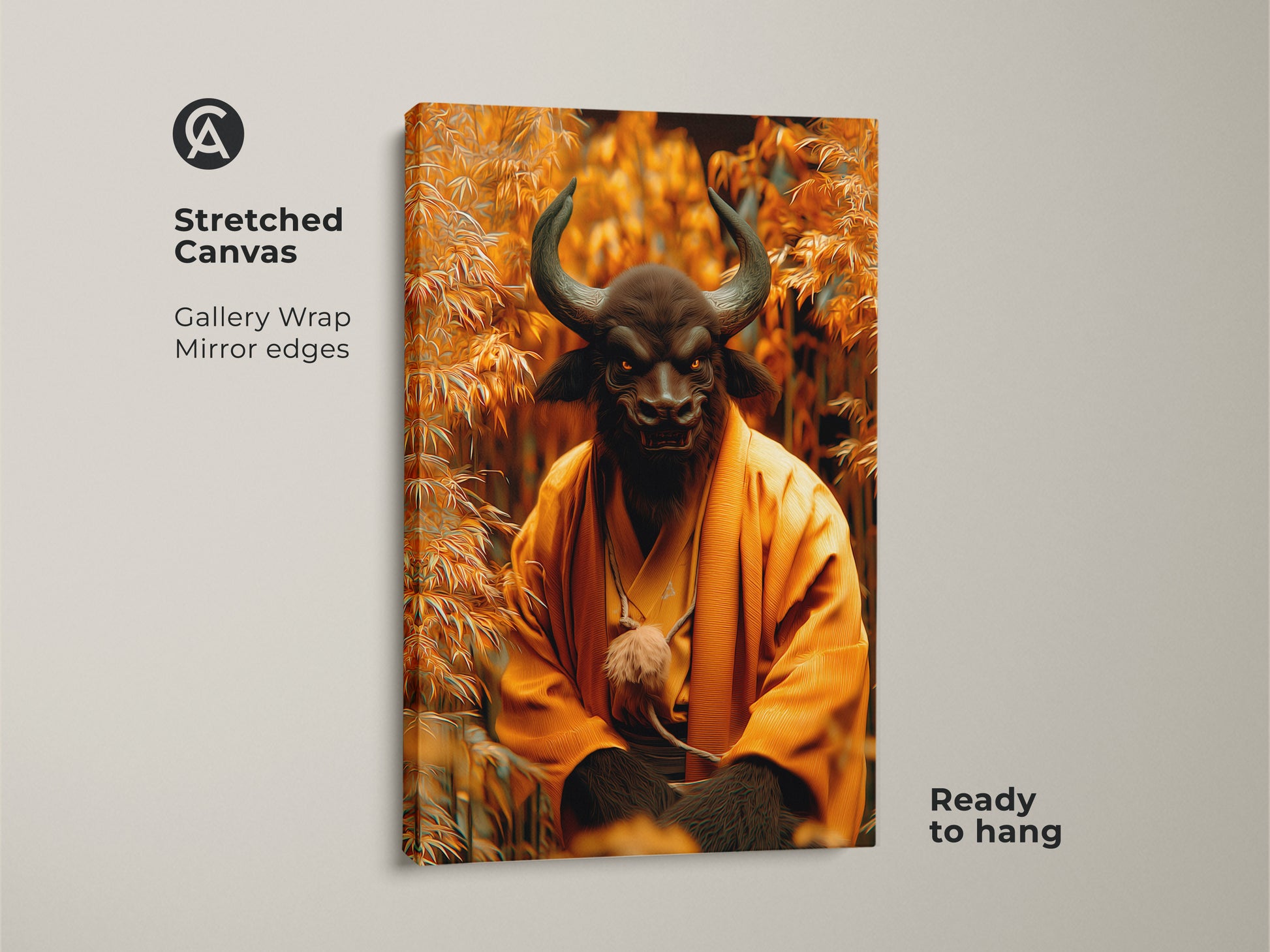 Stretched Canvas artwork displaying a Minotaur Monk in meditation. The gallery wrap and mirror edges enhance the artwork's depth. This canvas is ready to hang. The art brings a blend of mythology and peace. This unique piece will transform your home decor.