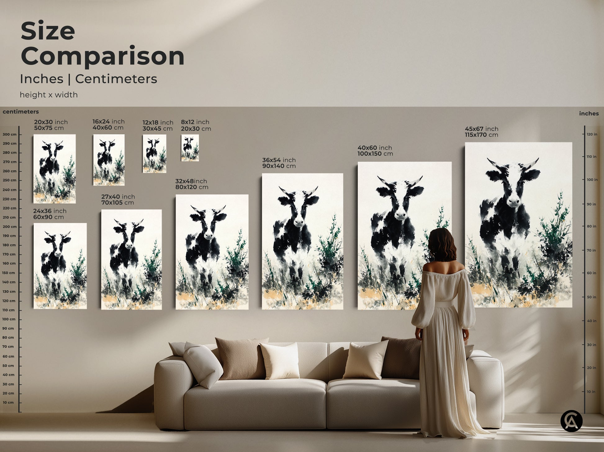 Size comparison featuring a black and white cow art. Sizes range from small to extra large. Artwork displayed above a couch to show scale. Consider this art for your home or living space. Canvas or poster options available