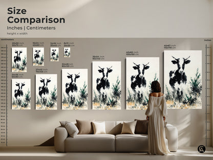 Size comparison featuring a black and white cow art. Sizes range from small to extra large. Artwork displayed above a couch to show scale. Consider this art for your home or living space. Canvas or poster options available