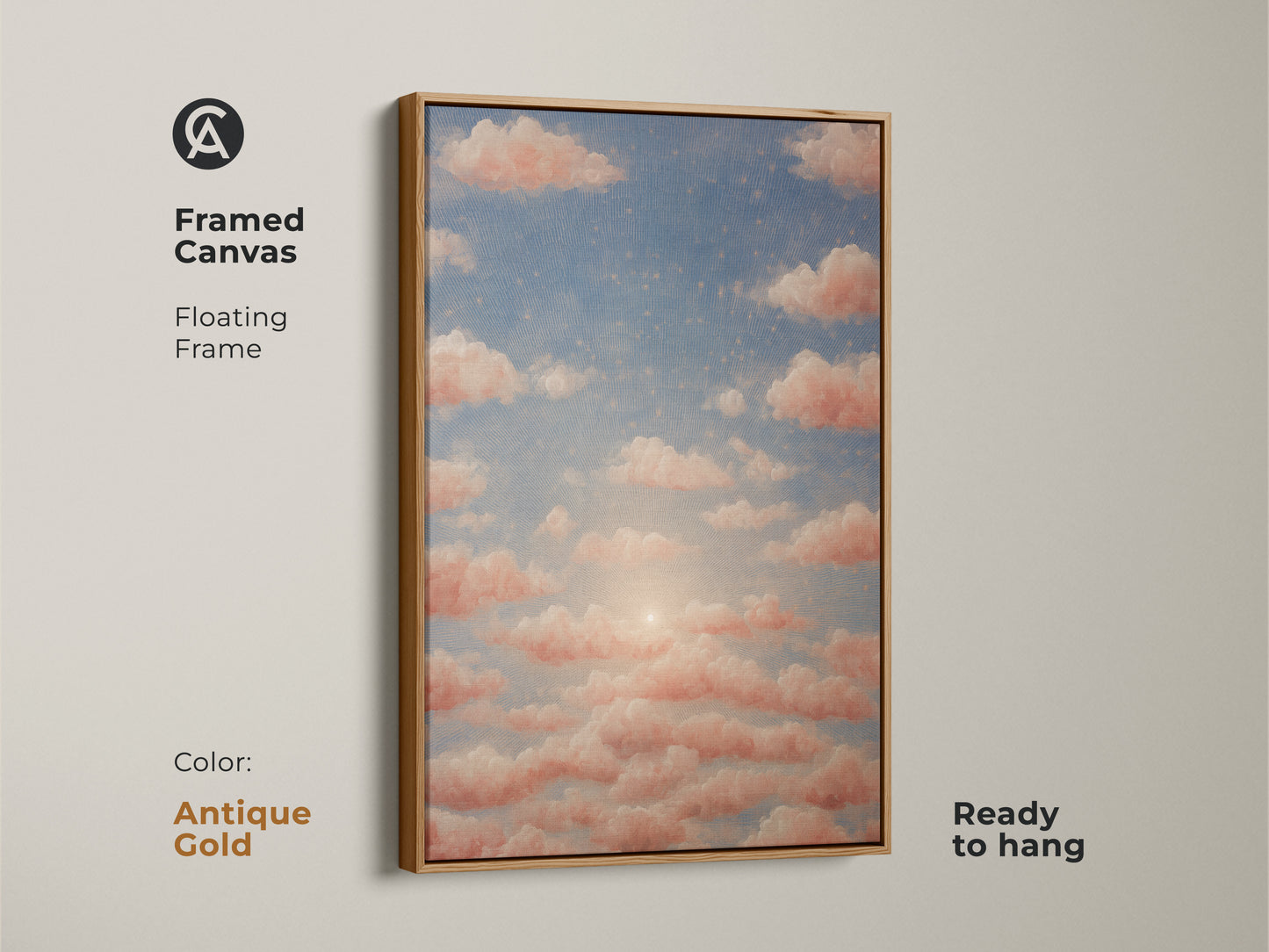 Blue sky starry art merges with peach clouds. This surreal sky canvas print is ideal bohemian bedroom decor. Ethereal wall hanging art for dreamers or a unique gift.