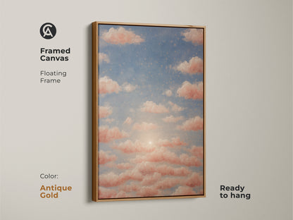 Blue sky starry art merges with peach clouds. This surreal sky canvas print is ideal bohemian bedroom decor. Ethereal wall hanging art for dreamers or a unique gift.