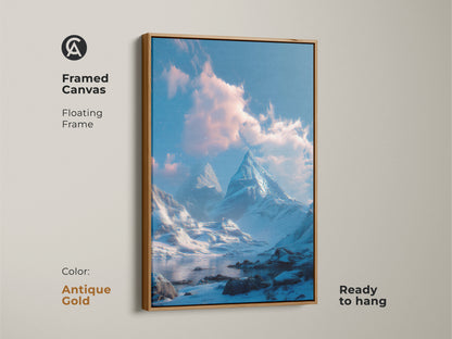 Framed canvas art featuring a winter mountain landscape with a floating frame. The antique gold frame enhances the artwork's elegant feel. The snow-capped mountains and lake create a peaceful atmosphere ready to hang.