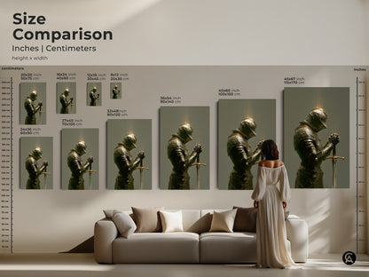 Framed Canvas featuring a Knight in armor with a floating frame in white. The artwork is ready to hang. It embodies a Gothic and Dark Academia aesthetic. Perfect for a Study Room or Office. This piece brings a touch of refined style.