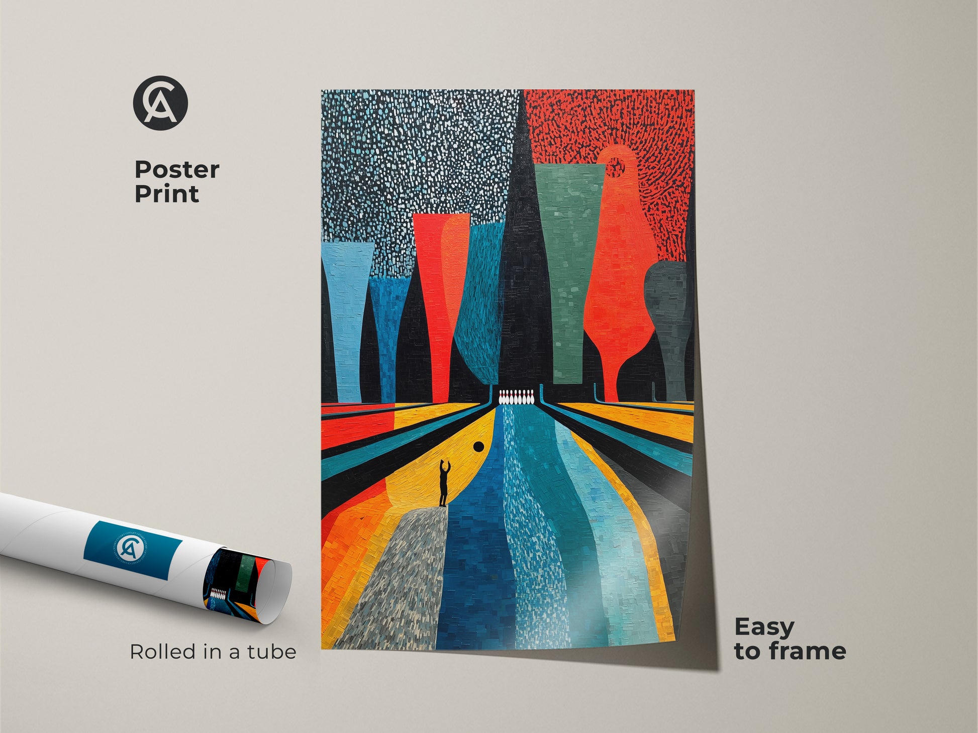 This abstract bowling art is easy to frame. The museum-quality poster print has rolled in a tube. It is a retro-inspired Mid-Century Modern piece. Featuring Orange Yellow and Teal colors it adds a pop of color to any space. This unique artwork makes an excellent gift for bowlers.
