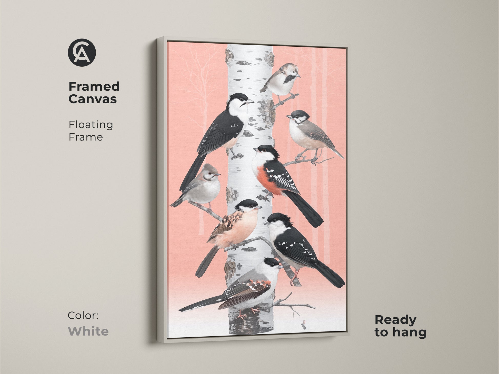A framed canvas displays birds perched on a birch tree artwork in Scandinavian folk art style. A white floating frame highlights the soft coral and white color palette. Ready to hang this print offers nature-inspired decor. This is an ideal housewarming gift for bird watching fans and artwork lovers.
