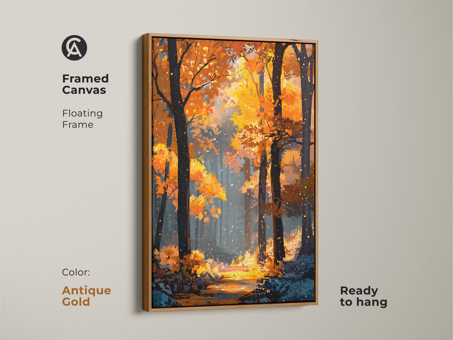 Framed canvas artwork with an antique gold floating frame. Showcasing a beautiful autumn forest scene. Ready to hang and enhance your home decor. The floating frame adds a touch of elegance to the vibrant artwork.
