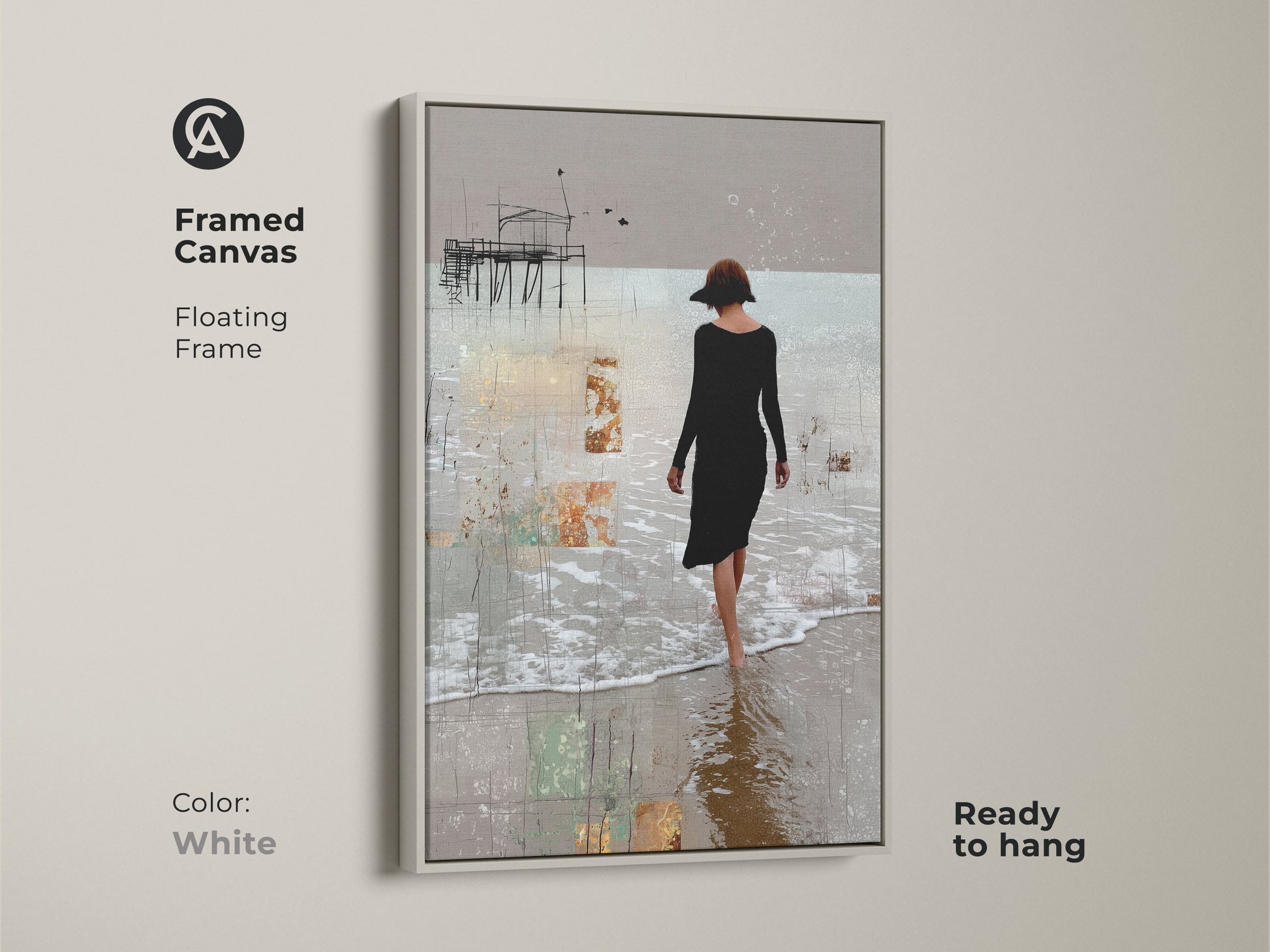 This framed canvas art has a floating frame in white. It features an abstract beach scene of a woman walking near a pier. Ready to hang this minimalist art is perfect for bedroom abstract wall art. This is ideal beige neutral home decor.