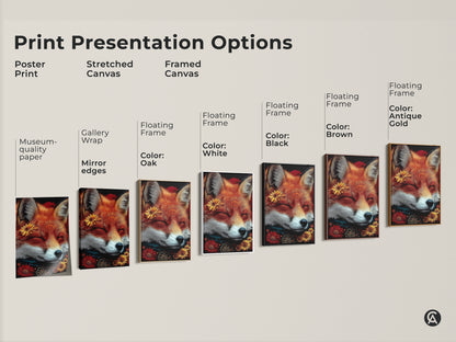 Explore print presentation options for the sleeping fox artwork. Choose from poster stretched canvas or framed canvas. Select a floating frame in oak white black brown or antique gold. Museum quality art for cozy animal decor.