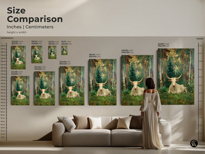 A size comparison of the white longhorn bull art in various dimensions. See how the artwork fits above a sofa and complements a living room setting. Perfect sizes for canvas and poster options are available.