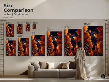 Compare sizes of the 'Autumn Moon' artwork. Inches and centimeters are shown for each print size. See how the art fits above a sofa to gauge scale. Find the perfect size for your space. Transform your walls with this captivating artwork. Order yours today.