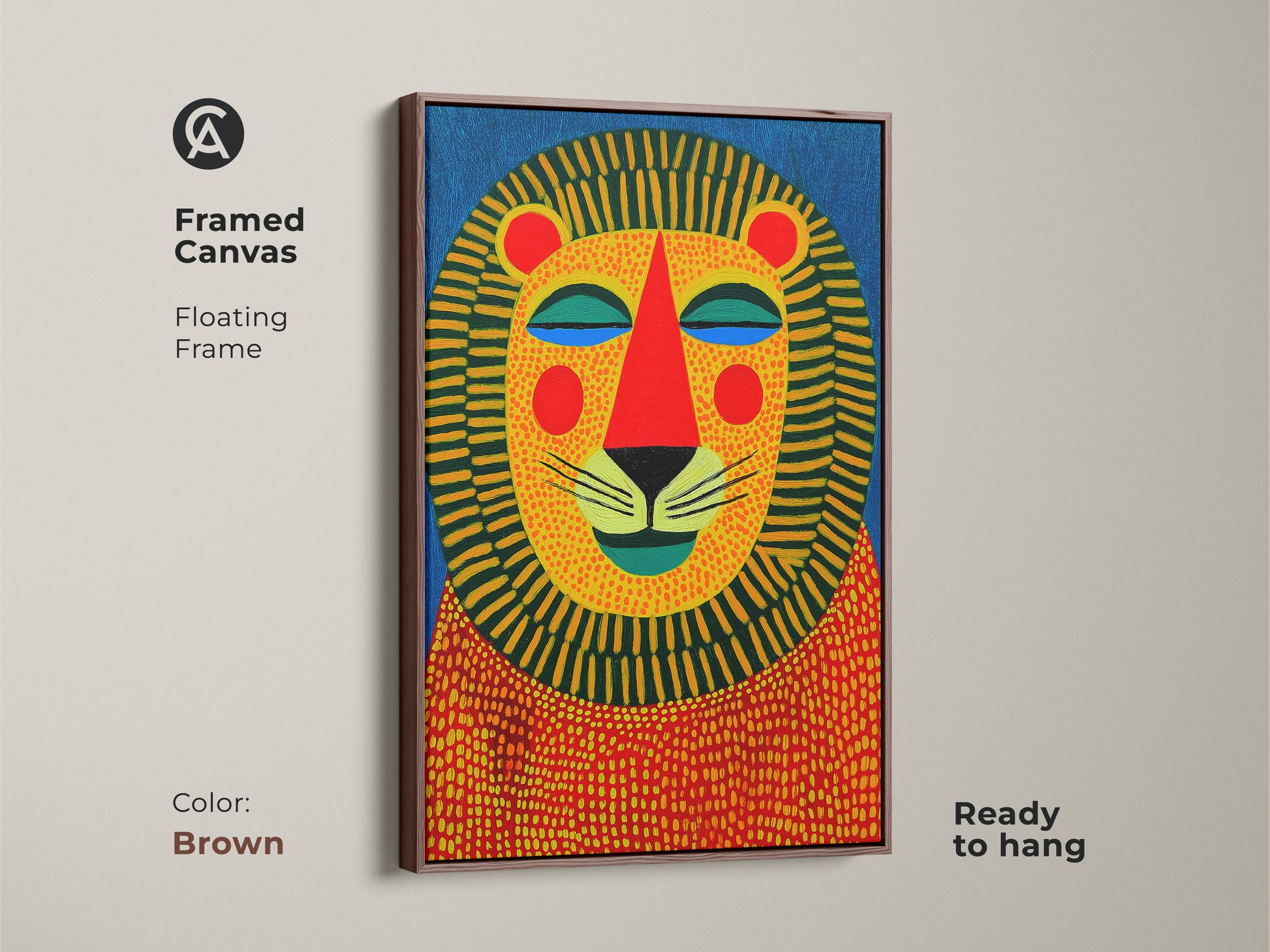 Framed canvas featuring a geometric lion portrait. The floating frame comes in brown. This colorful animal artwork is ideal for eclectic home decor. It is a thoughtful birthday gift for animal lovers.
