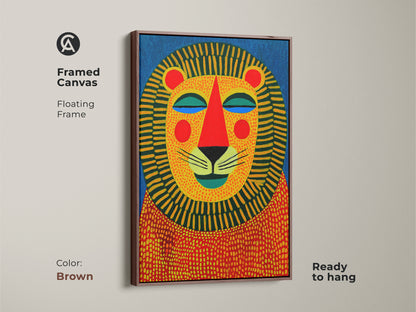 Framed canvas featuring a geometric lion portrait. The floating frame comes in brown. This colorful animal artwork is ideal for eclectic home decor. It is a thoughtful birthday gift for animal lovers.