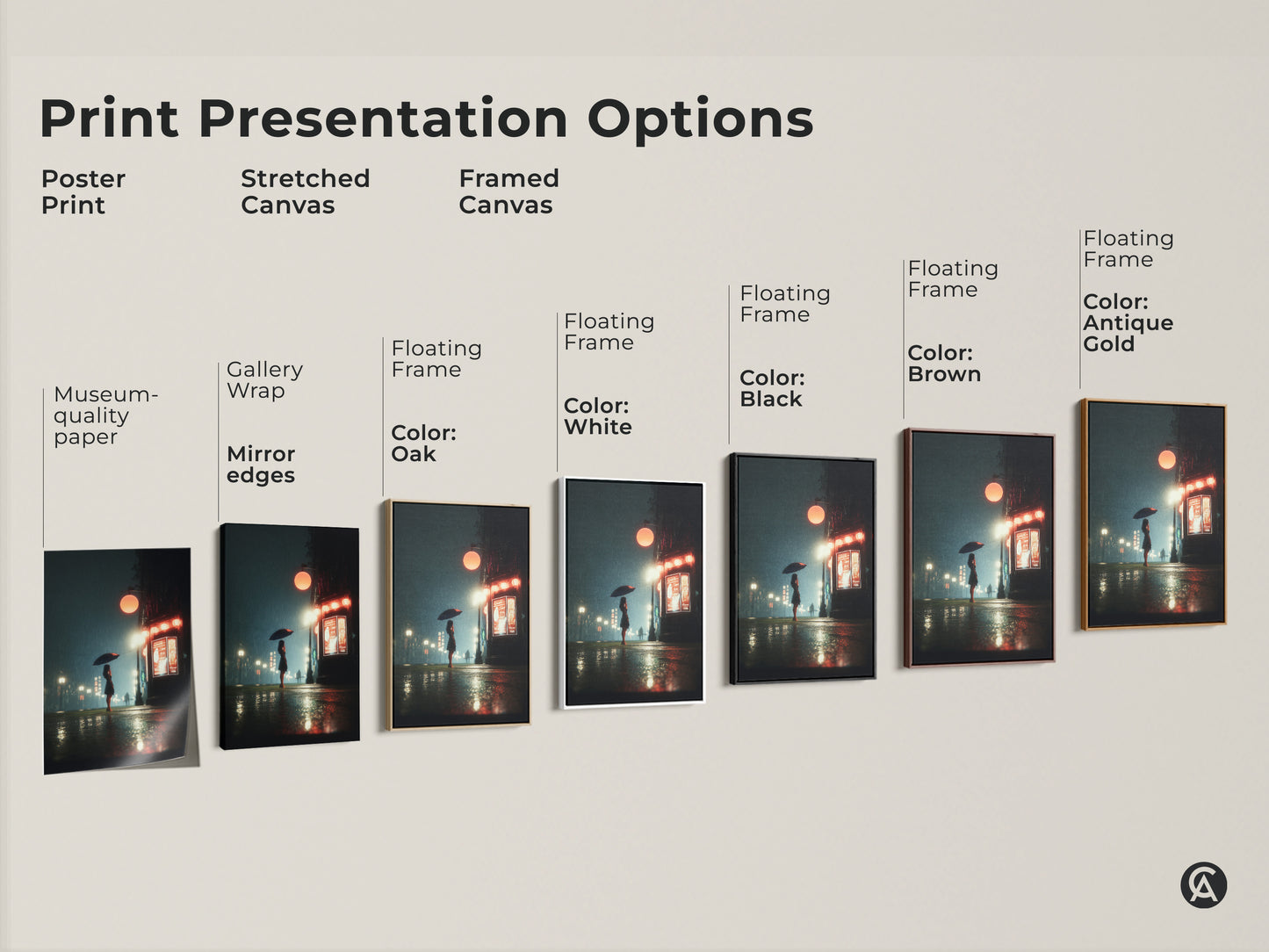 Explore print presentation options for this rainy cityscape canvas art. Choose from poster prints stretched canvas and framed canvas. Each features a woman with an umbrella. Various frame colors are available. Find the perfect style for your space.