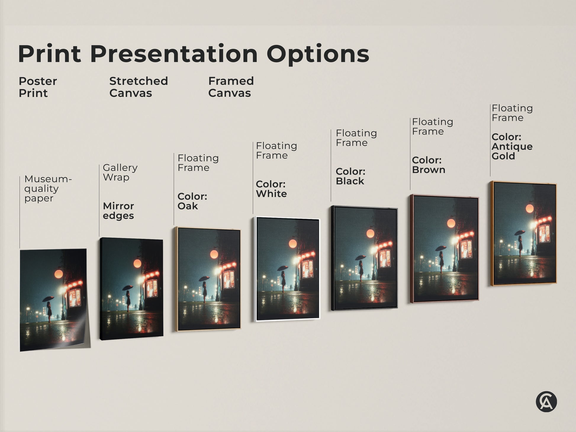 Explore print presentation options for this rainy cityscape canvas art. Choose from poster prints stretched canvas and framed canvas. Each features a woman with an umbrella. Various frame colors are available. Find the perfect style for your space.