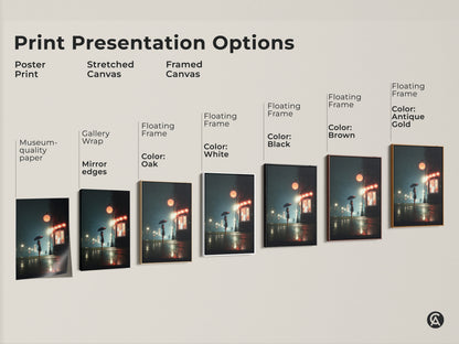 Explore print presentation options for this rainy cityscape canvas art. Choose from poster prints stretched canvas and framed canvas. Each features a woman with an umbrella. Various frame colors are available. Find the perfect style for your space.
