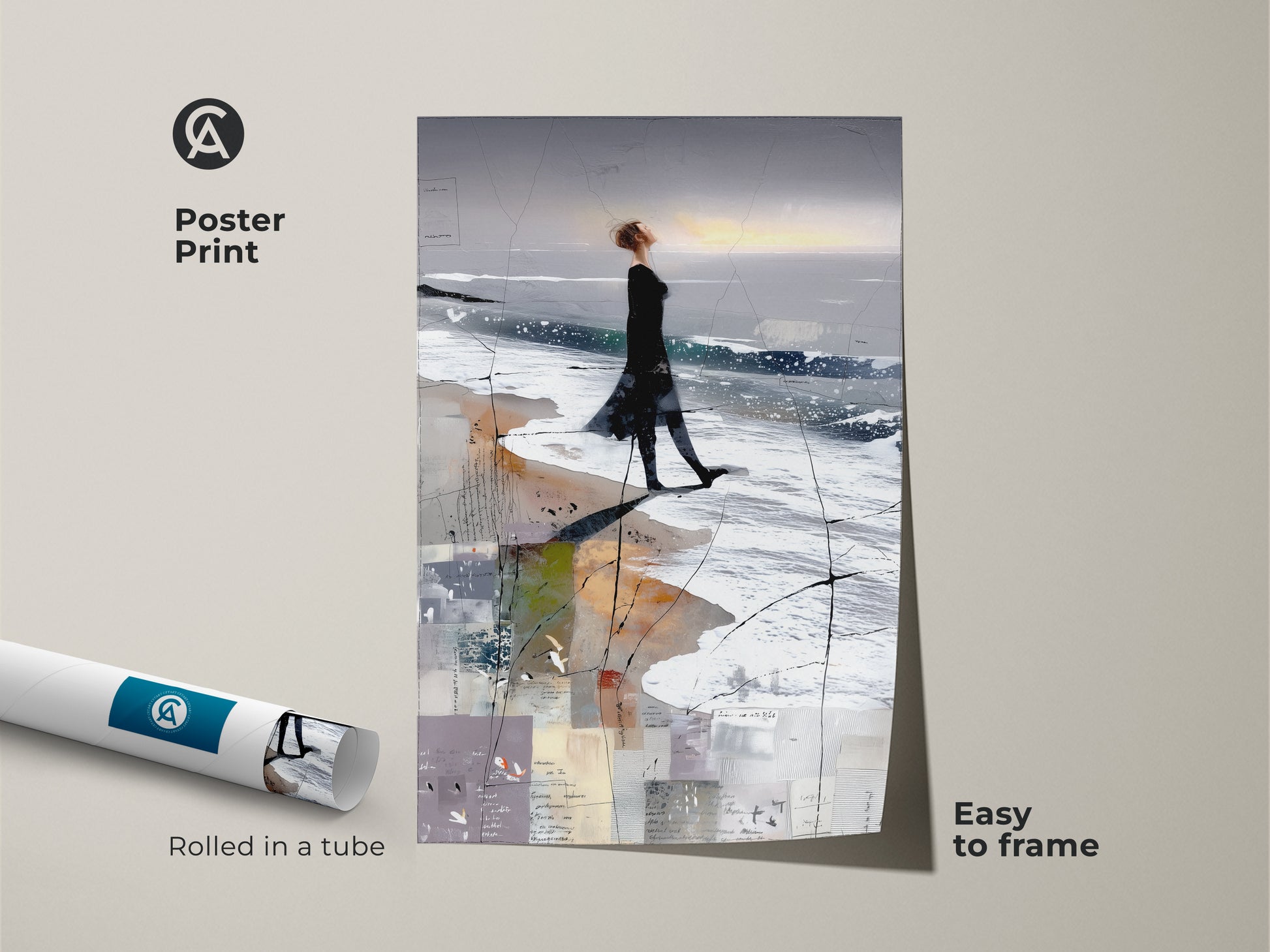 Poster print abstract woman beach art. The art comes rolled in a tube. Easy to frame. This blue grey white wall art makes a great housewarming gift. It's perfect beach lover artwork.