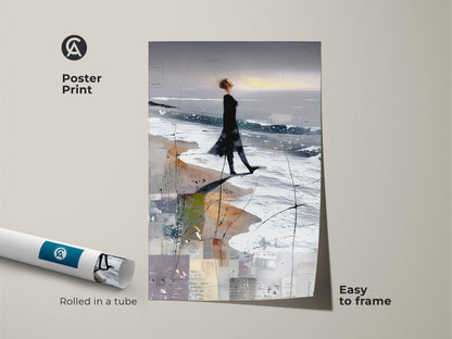 Poster print abstract woman beach art. The art comes rolled in a tube. Easy to frame. This blue grey white wall art makes a great housewarming gift. It's perfect beach lover artwork.