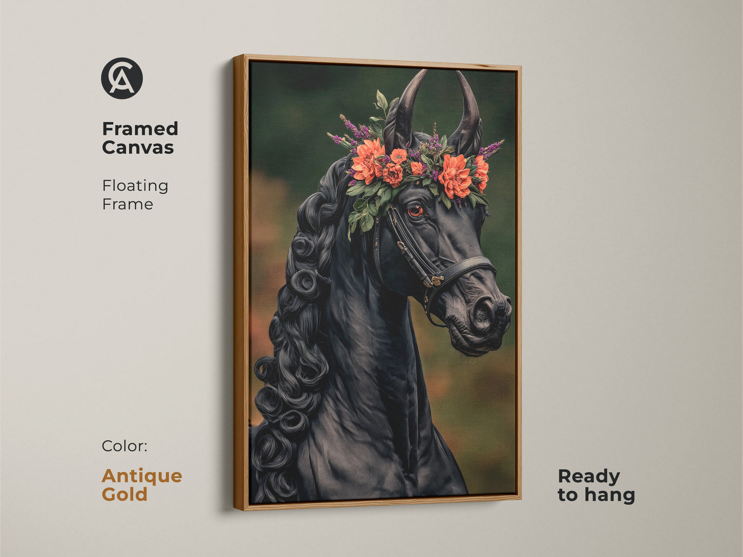 Framed black horse canvas art with an antique gold floating frame. This equine artwork is ready to hang and adds a touch of eclectic charm. This gothic horse art print is a perfect gift for those who love unique animal portraits. The horse wears a flower crown.