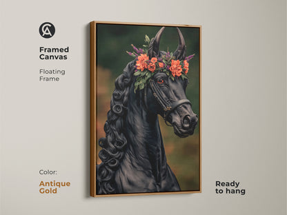 Framed black horse canvas art with an antique gold floating frame. This equine artwork is ready to hang and adds a touch of eclectic charm. This gothic horse art print is a perfect gift for those who love unique animal portraits. The horse wears a flower crown.