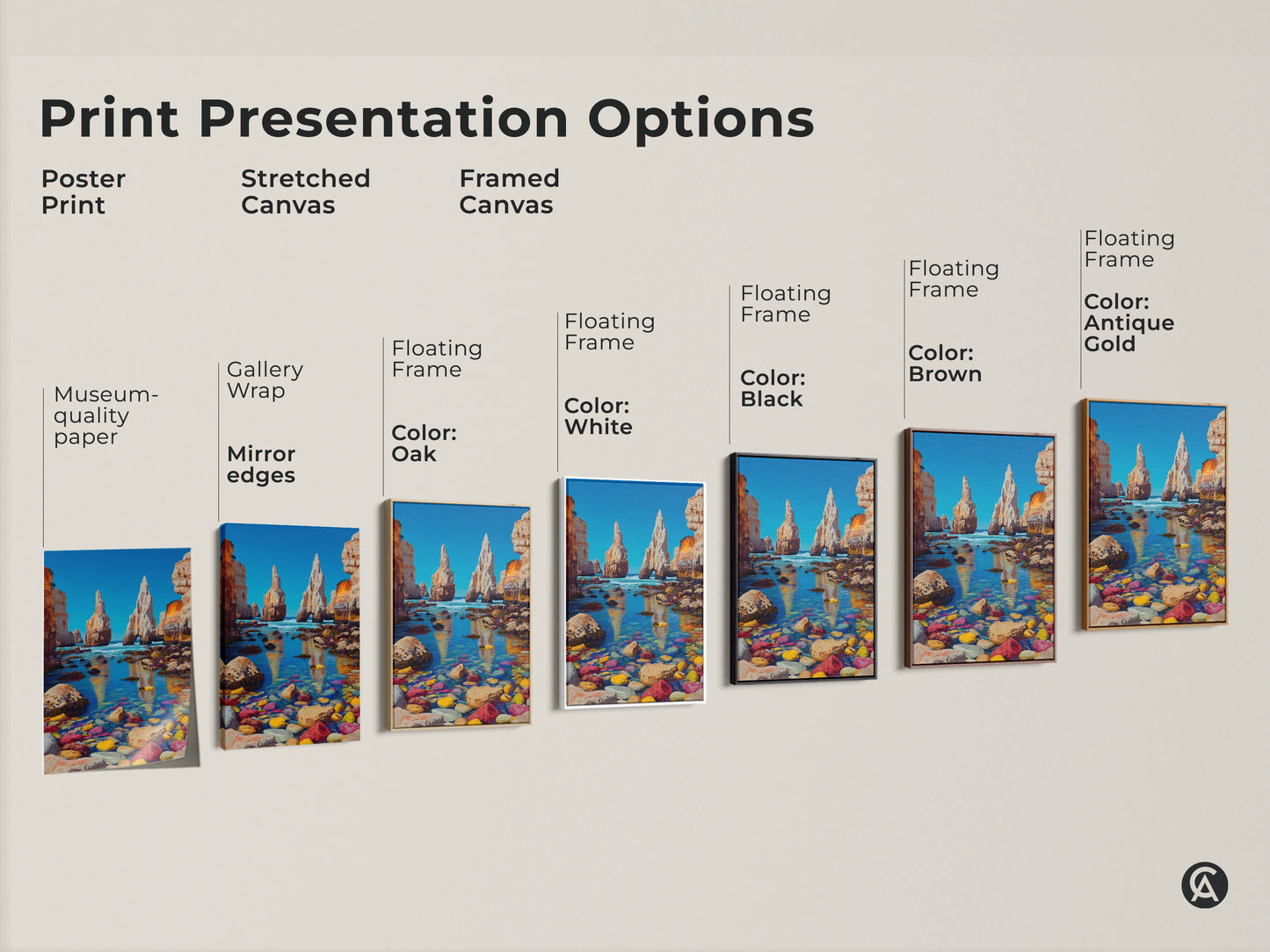 Print presentation options are Poster Print stretched Canvas and Framed Canvas. Museum-quality paper with gallery wrap and floating frame offer flexibility. Available frame colors include oak white black brown and antique gold.