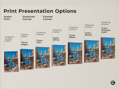 Print presentation options are Poster Print stretched Canvas and Framed Canvas. Museum-quality paper with gallery wrap and floating frame offer flexibility. Available frame colors include oak white black brown and antique gold.