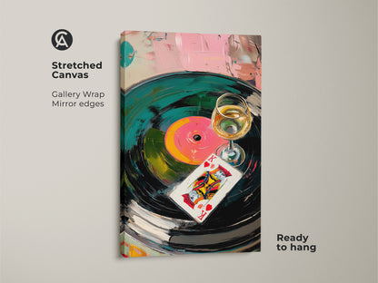 Stretched canvas print showcases abstract vinyl record art. Teal green and pink colors create an eclectic vibe. A King of Hearts card print adds a playful touch. Ideal for music room decor. This ready-to-hang artwork brings color and character to any space.