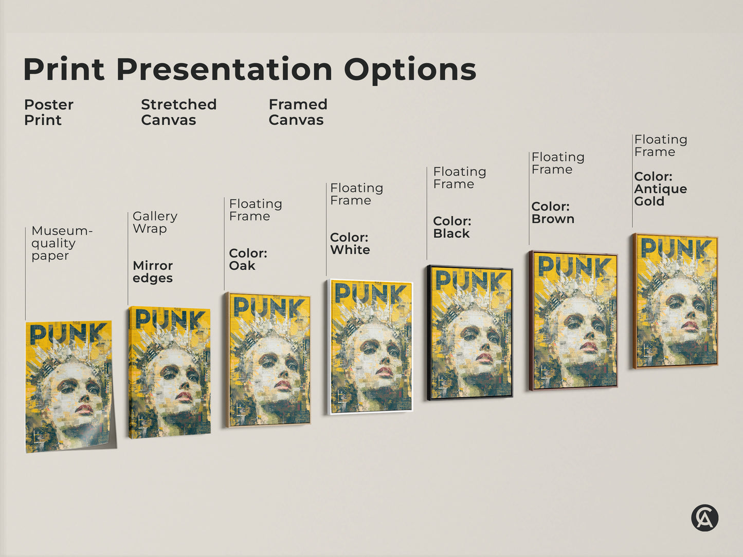 This image shows the print presentation options. You can choose a poster print stretched canvas or framed canvas. The framed canvas is available in oak white black brown or antique gold. Find the perfect size for your space.