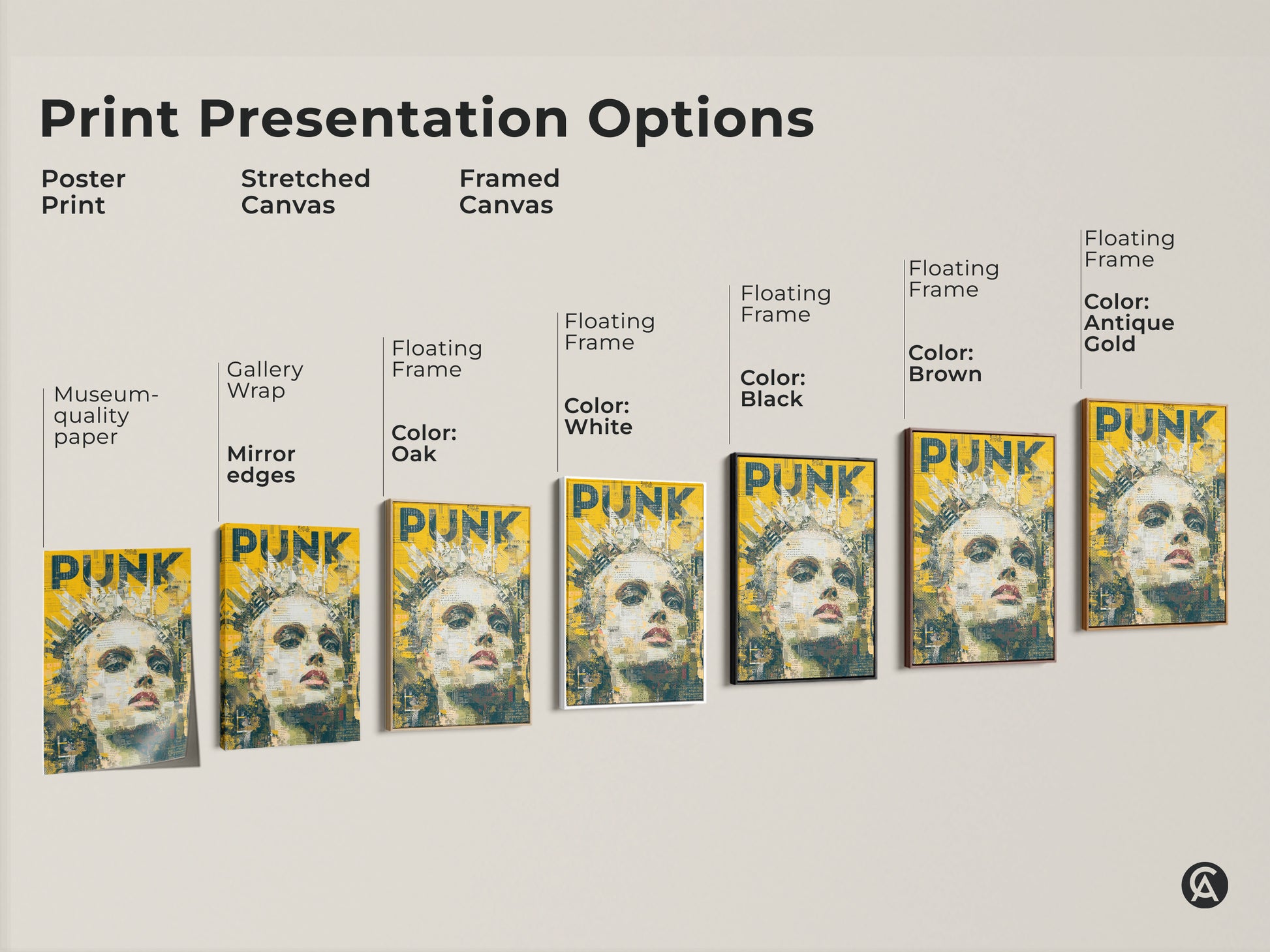 This image shows the print presentation options. You can choose a poster print stretched canvas or framed canvas. The framed canvas is available in oak white black brown or antique gold. Find the perfect size for your space.