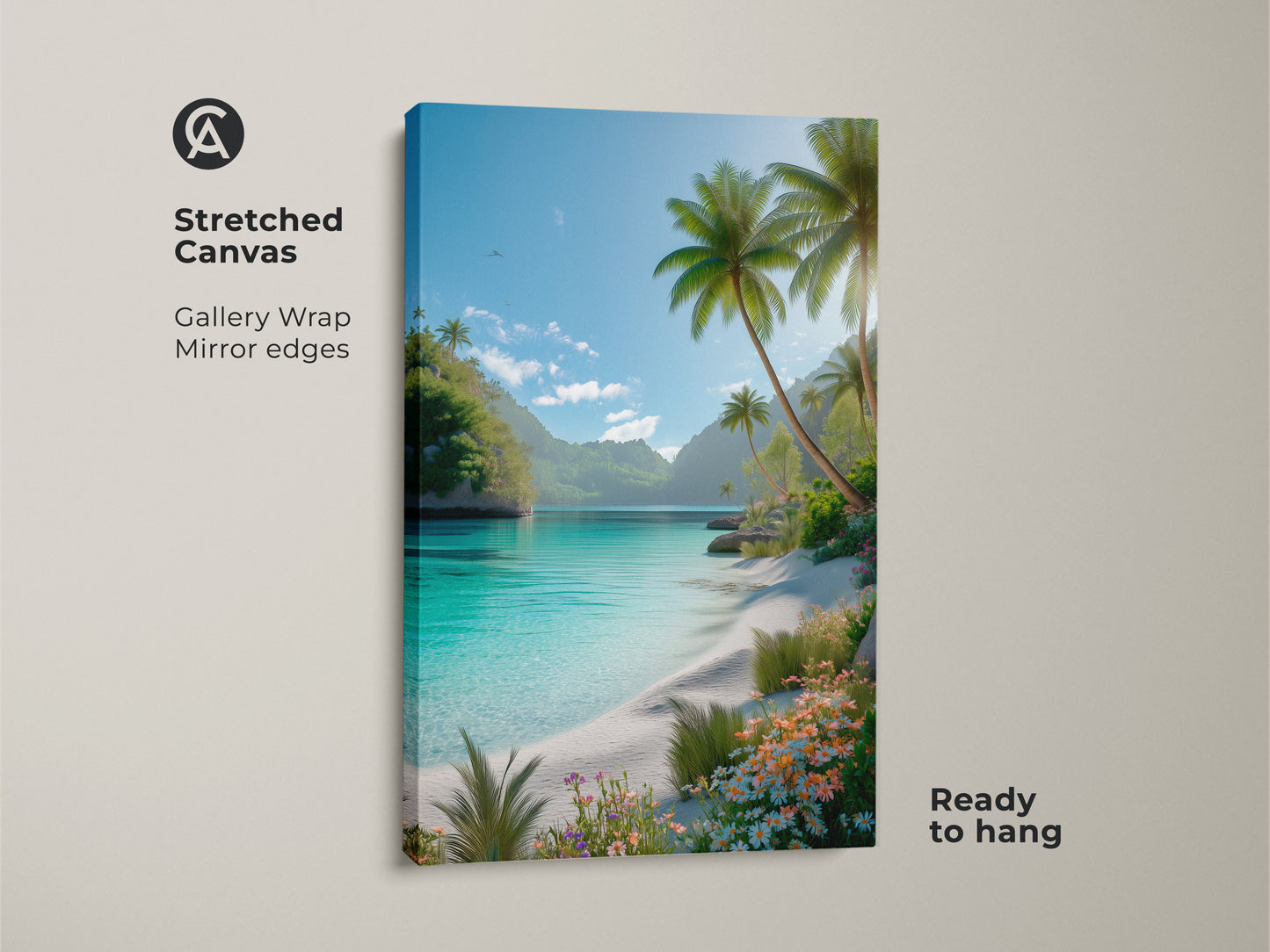 Stretched canvas art ready to hang. This gallery wrapped canvas print features a tropical beach scene. The artwork has a mirror edge. Buy this beach artwork today for your walls.