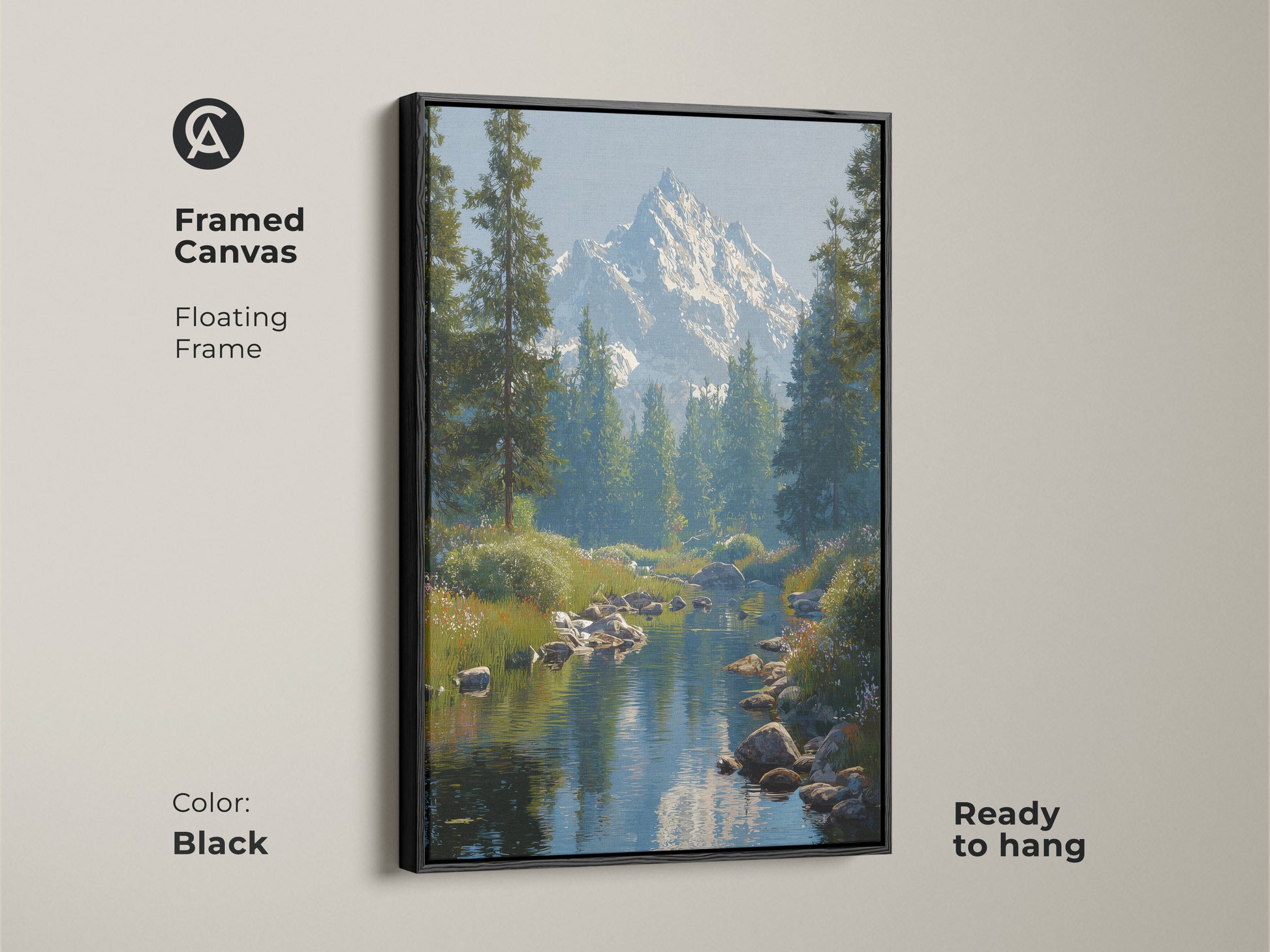 Framed canvas featuring a stunning mountain river landscape. The snowy peak and pine trees are beautifully rendered. A black floating frame adds a touch of elegance. Ready to hang this artwork brings nature's tranquility to your living room. Perfect for rustic decor.