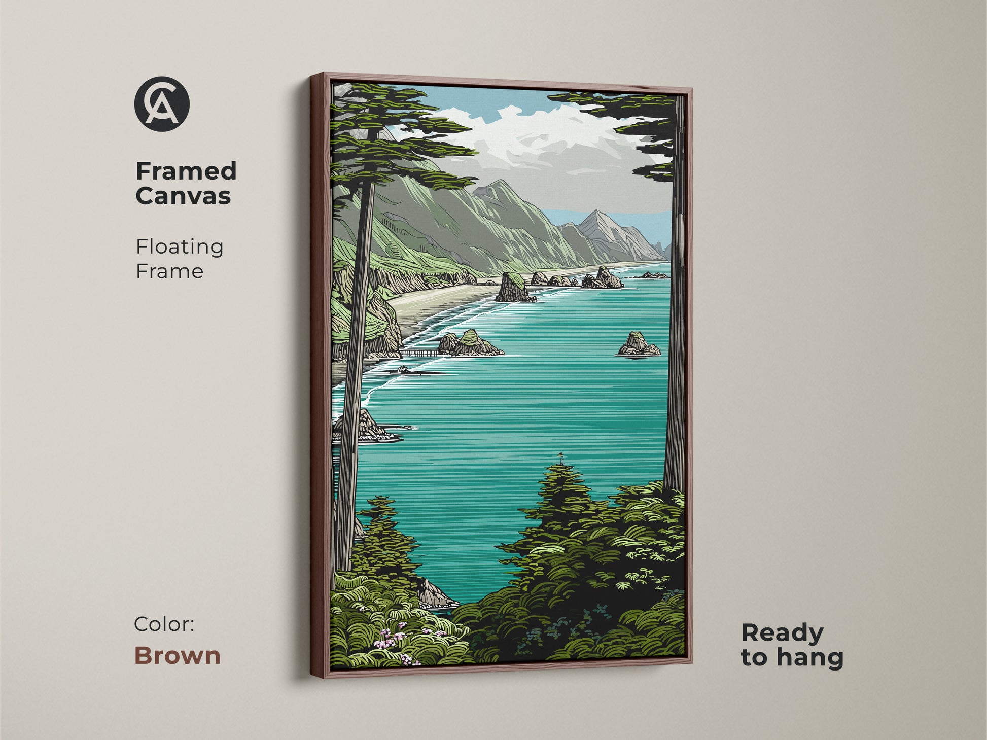 Brown framed canvas displaying teal aqua mountain art. This floating frame enhances the coastal ocean view artwork. It's a wonderful nature lover gift idea for residential wall art decor.