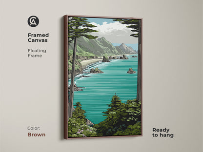 Brown framed canvas displaying teal aqua mountain art. This floating frame enhances the coastal ocean view artwork. It's a wonderful nature lover gift idea for residential wall art decor.