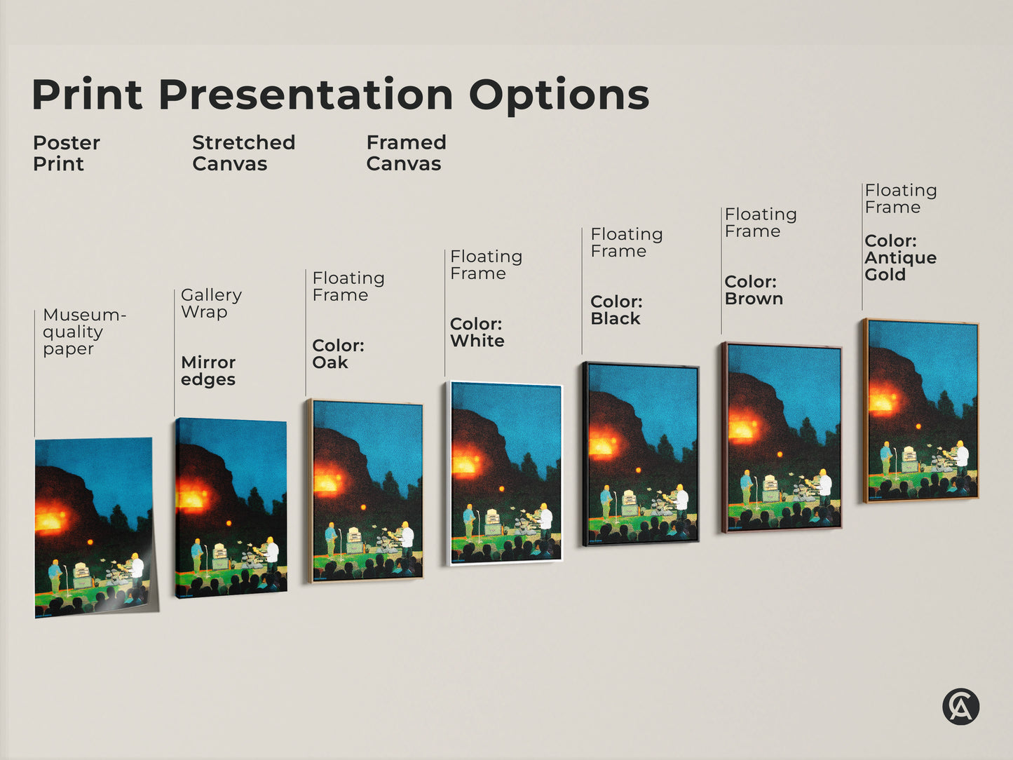 Explore print presentation options for this concert art. The museum-quality paper and stretched canvas offer gallery wrap. Floating frames come in black brown oak and white. It is an ideal eclectic artwork gift for musician or music fans with eclectic style.
