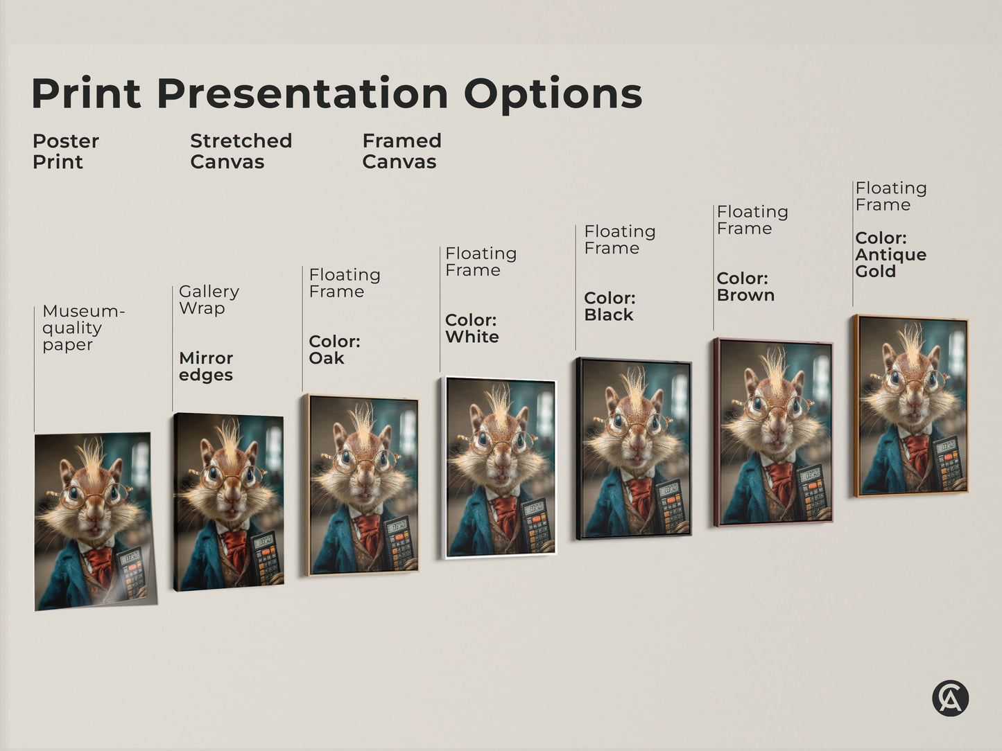 Explore our print presentation options. Choose from poster prints to stretched canvases & framed canvases. Find the perfect format for your anthropomorphic chipmunk artwork today. Decorate your office space with a unique piece.