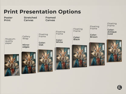 Explore our print presentation options. Choose from poster prints to stretched canvases & framed canvases. Find the perfect format for your anthropomorphic chipmunk artwork today. Decorate your office space with a unique piece.