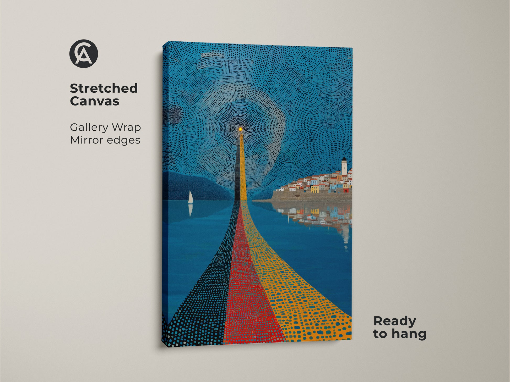 Stretched canvas art featuring an abstract lighthouse print. Pointillism canvas artwork shows a coastal landscape. Blue yellow and red artwork is ready to hang. Nautical sailboat art for modern home decor makes a unique travel gift.