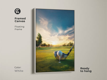 Framed canvas golf course artwork in a white floating frame. A golf ball sits on the tee ready to be launched. This framed art is ready to hang. The serene golf scene makes a great addition to any room. Buy your framed golf artwork today.