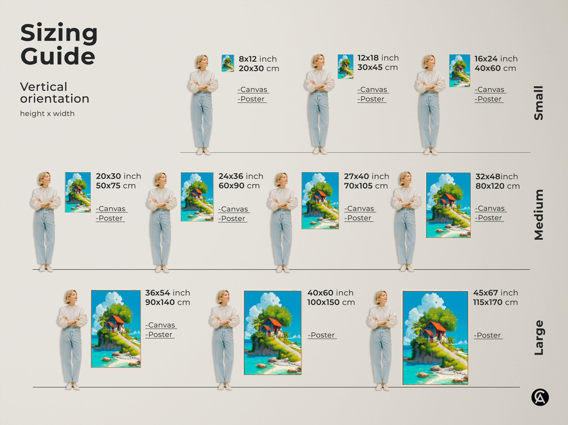 Sizing guide for vertical island artwork. The image shows various sizes. Options range from small to large canvas and poster prints. Find the perfect fit for your space. Visualize how each size complements your room. Shop now and transform your walls with stunning island art.