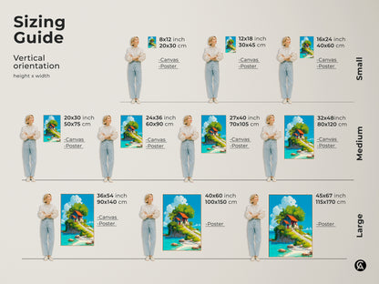Sizing guide for vertical island artwork. The image shows various sizes. Options range from small to large canvas and poster prints. Find the perfect fit for your space. Visualize how each size complements your room. Shop now and transform your walls with stunning island art.