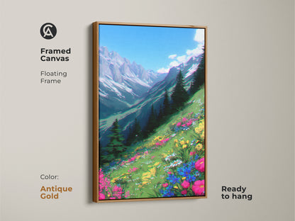 Anime-style mountain landscape with wildflowers in a framed canvas. An antique gold floating frame adds elegance. This nature-themed wall art will bring a boho vibe to your bedroom. Ready to hang for outdoor enthusiasts.
