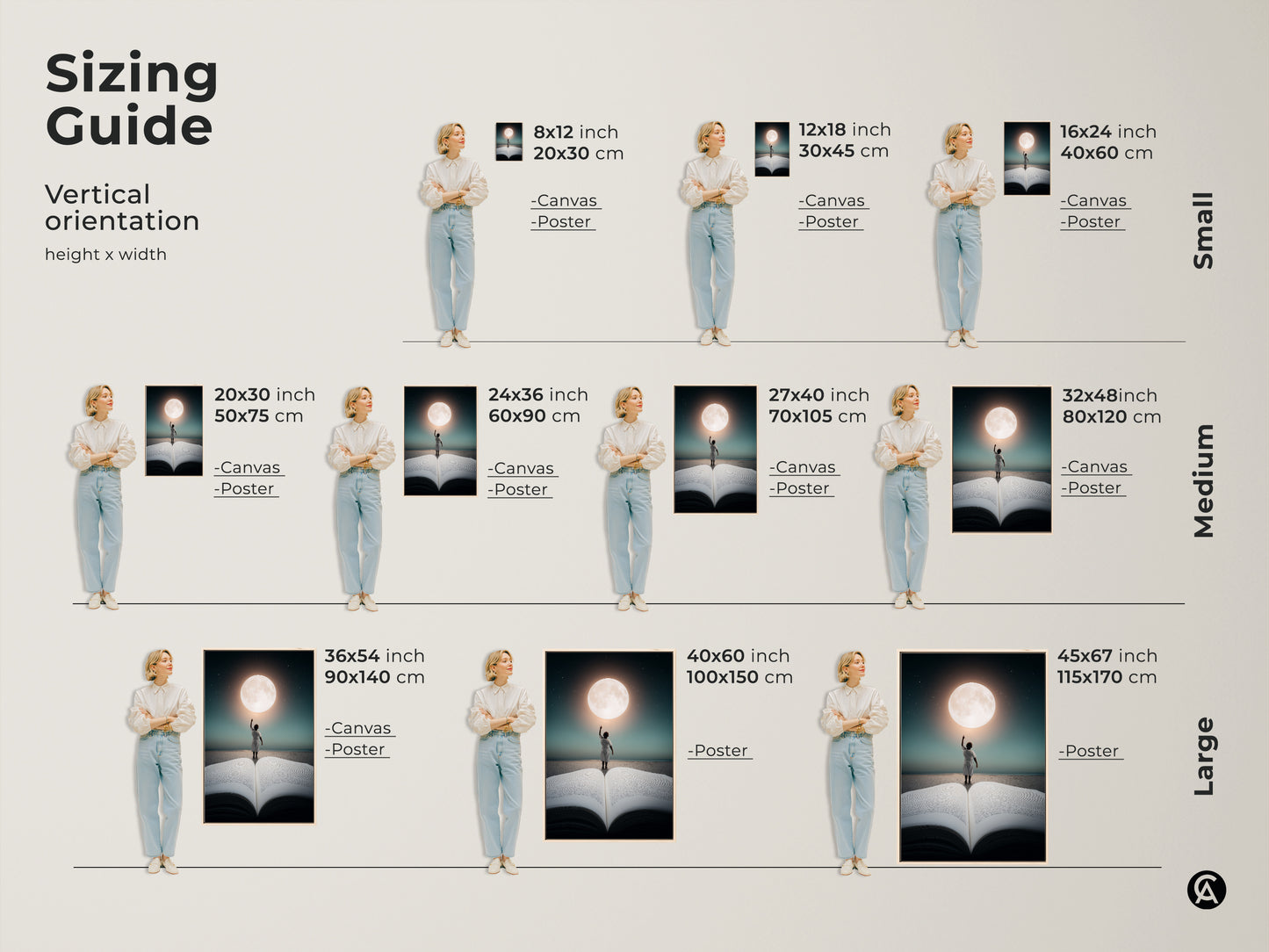 Sizing guide shows vertical orientation options. Choose from small medium and large sizes for the child reaching moon art. Options in canvas and poster to fit any space. Find the perfect fit for your aesthetic home decor.